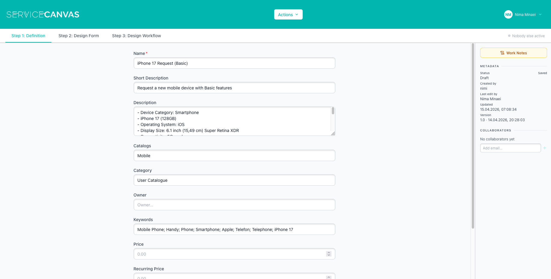 Service definition screen